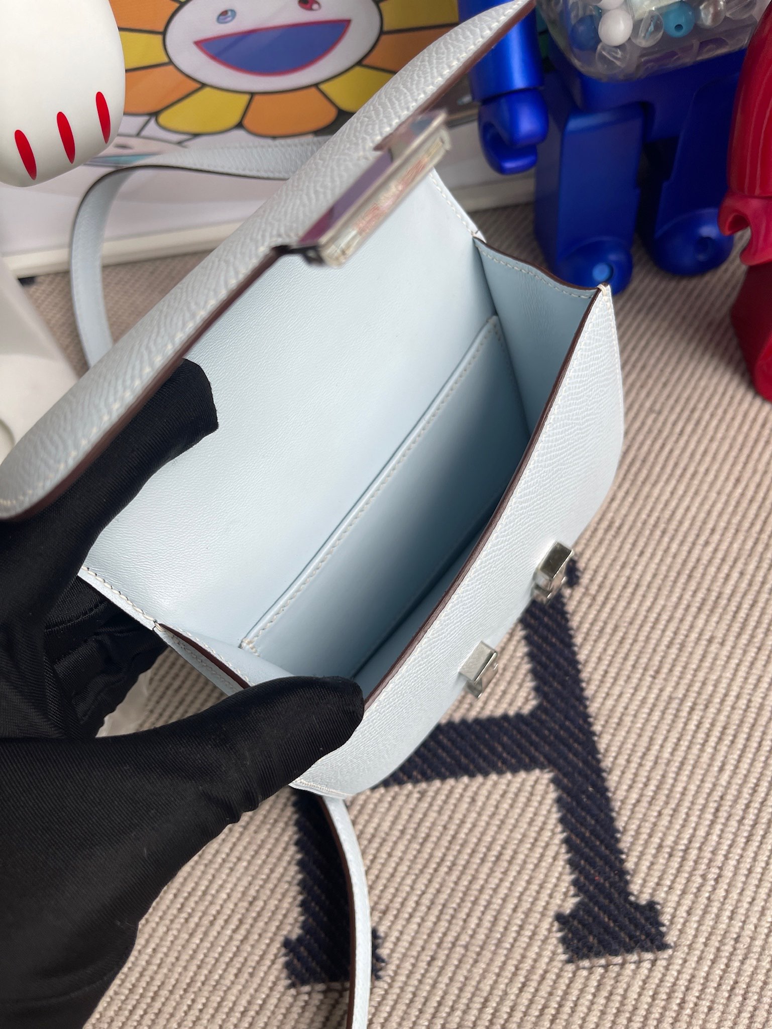 에르메스 콘스탄스백 미니 포그블루 은장 앱송